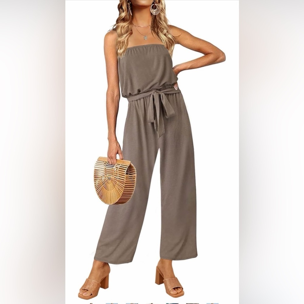 Large ZESICA Strapless Belted Wide Leg Jumpsuit Romper Tie-Waist Taupe tan
